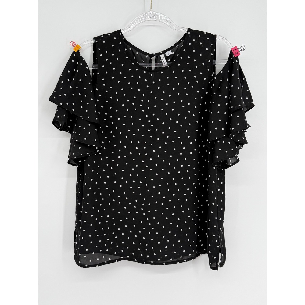 ELLE Black White Polka Dot Cold Shoulder Ruffle Sleeve Blouse Top Sz L
